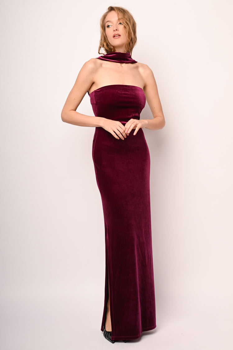 Sash-detail velvet long dress
