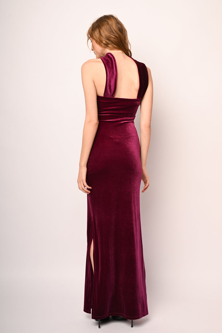 Sash-detail velvet long dress
