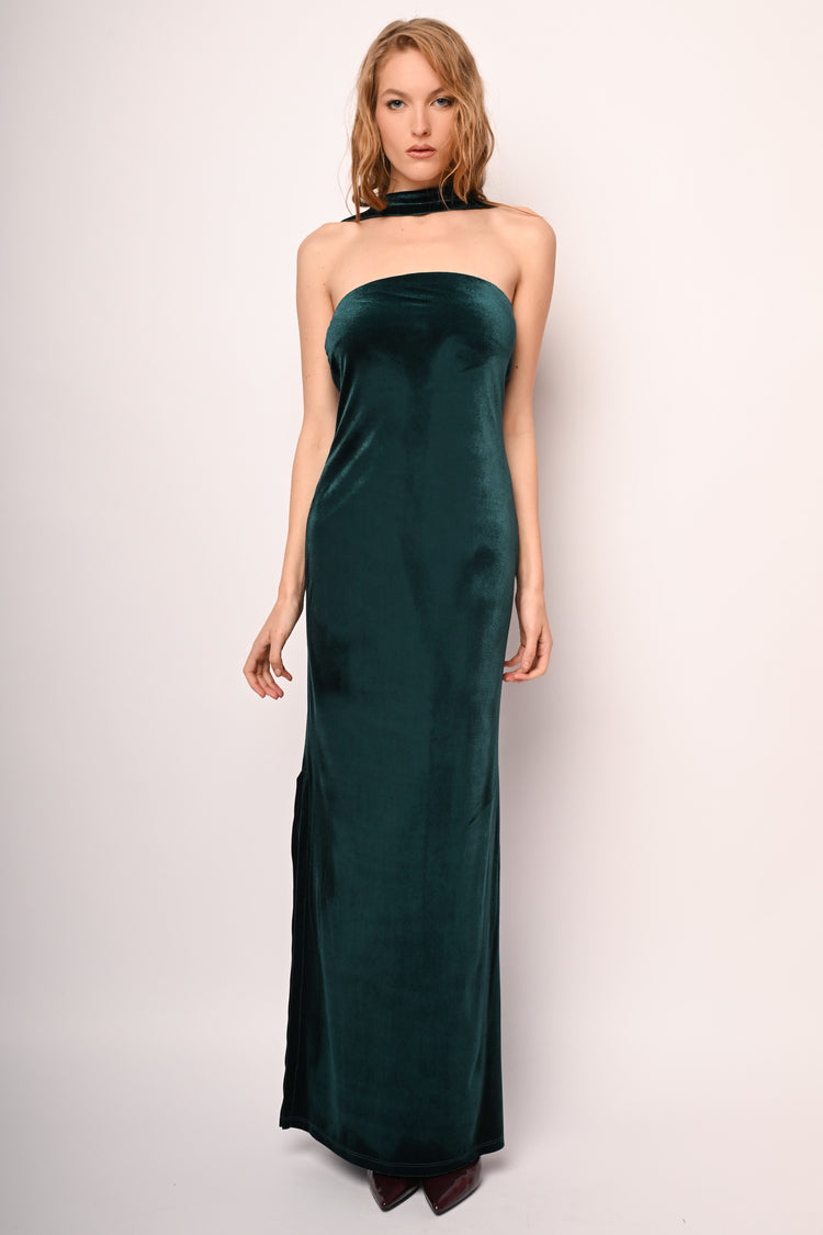 Sash-detail velvet long dress