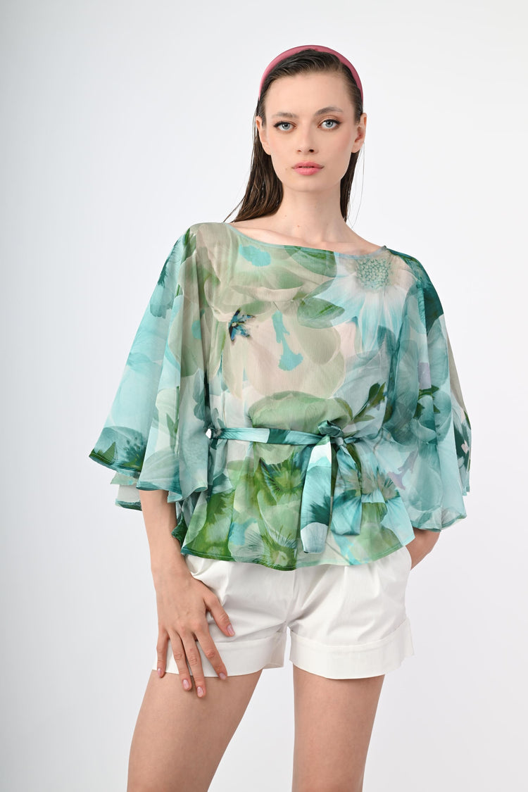 Floral print belted blouse