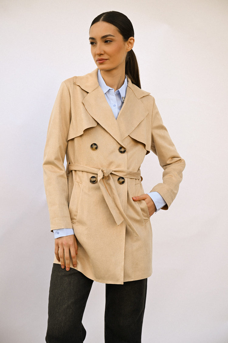 Short faux suede trench coat
