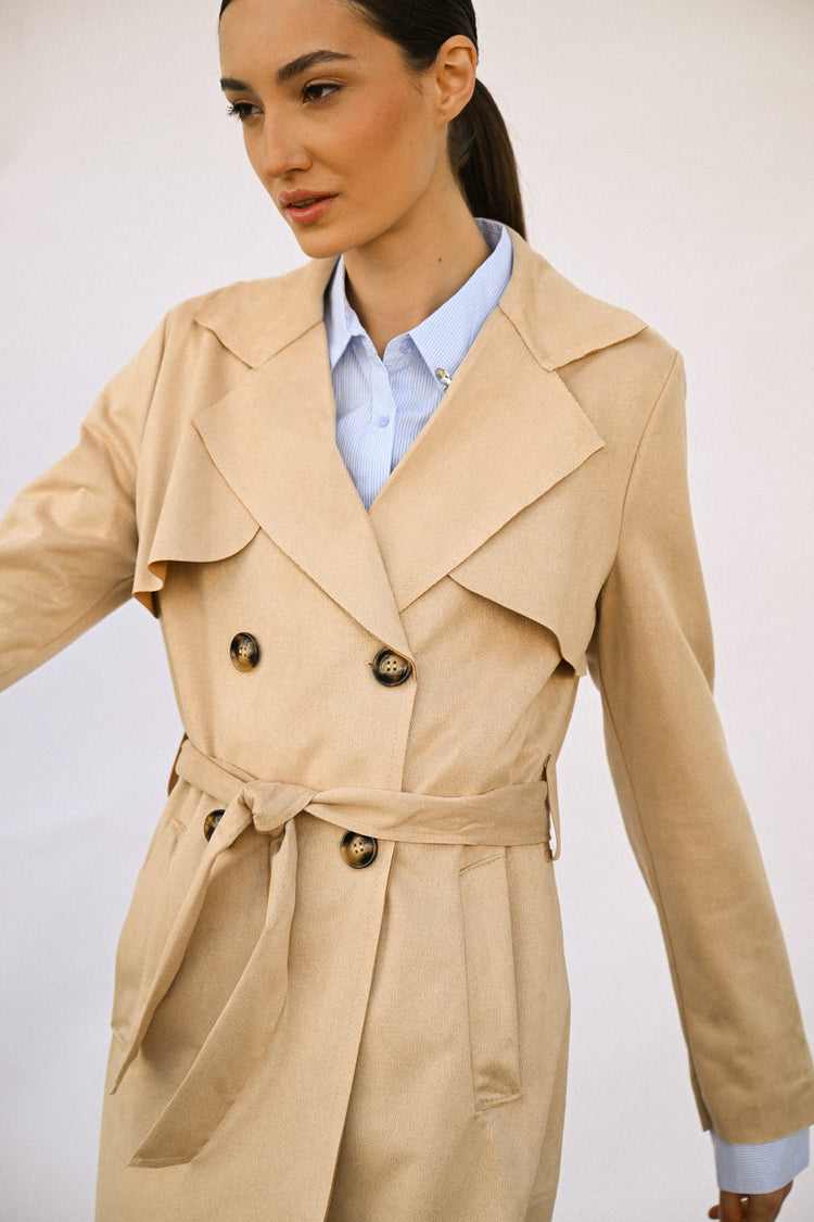 Short faux suede trench coat