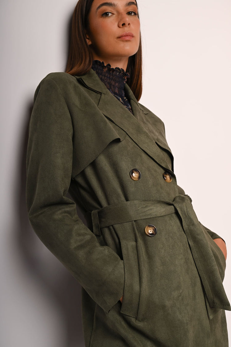 Short faux suede trench coat