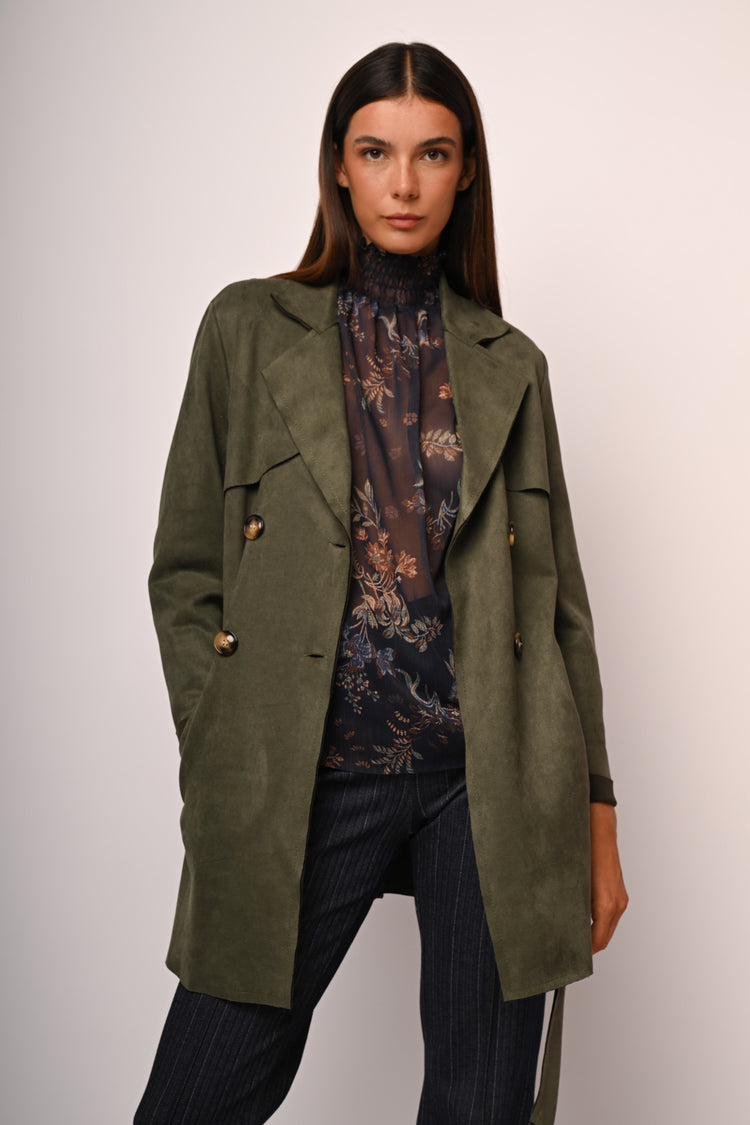 Short faux suede trench coat