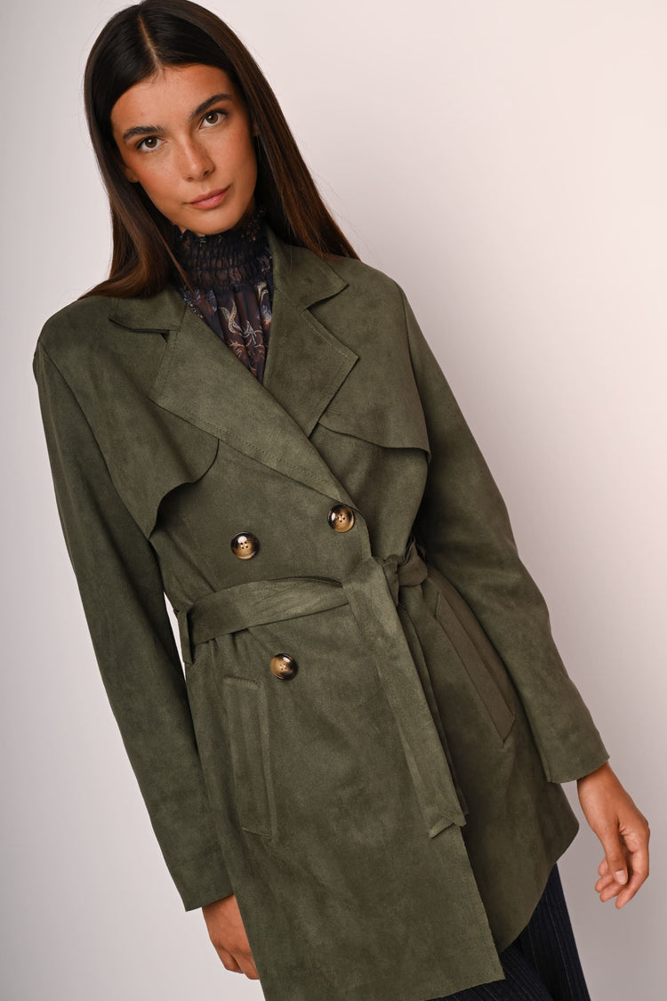 Short faux suede trench coat