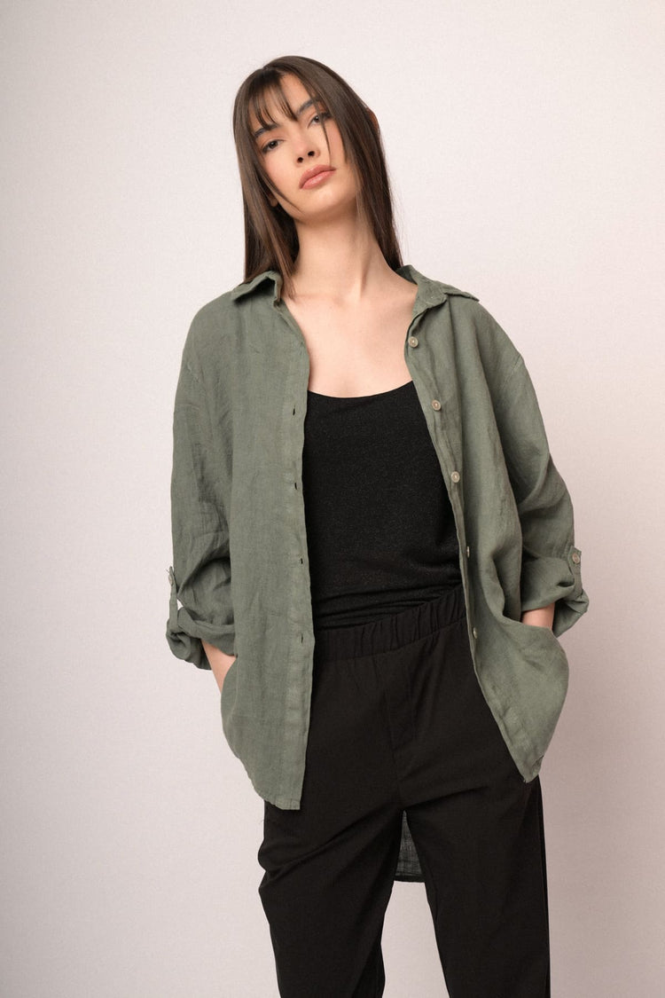 Green linen oversized shirt