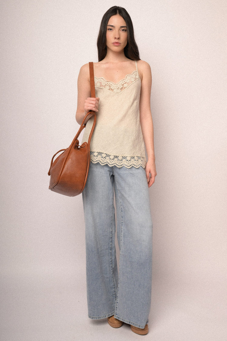 Beige lace-trimmed linen camisole
