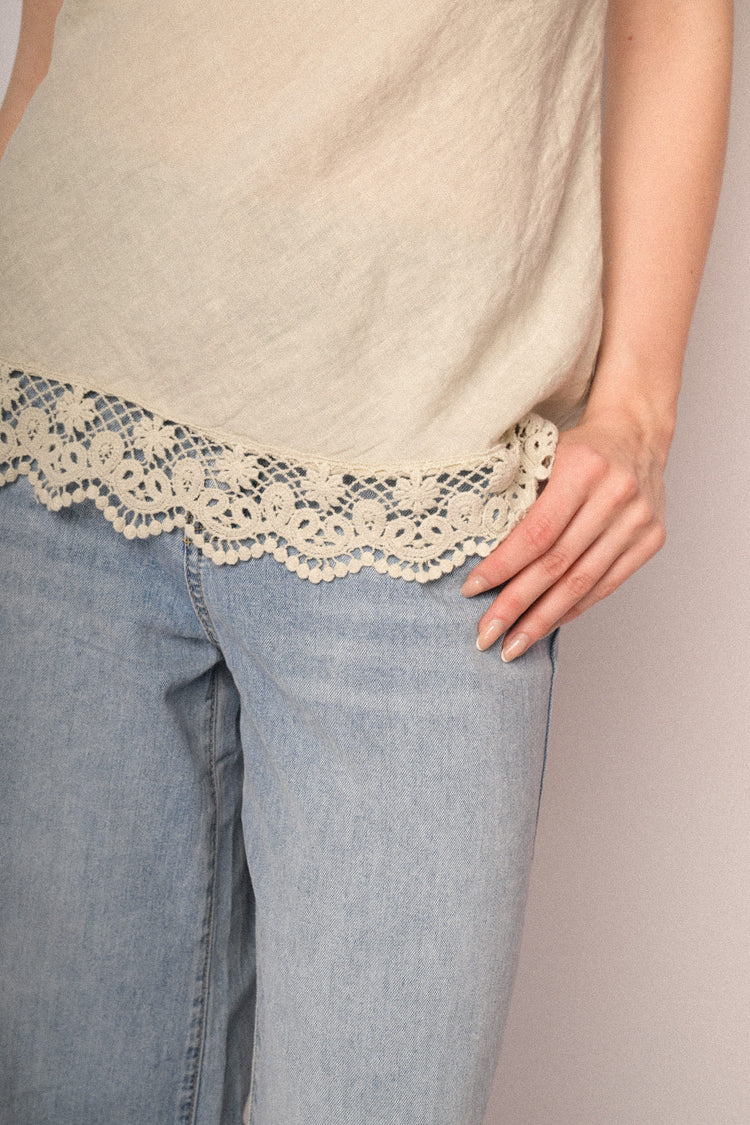Beige lace-trimmed linen camisole