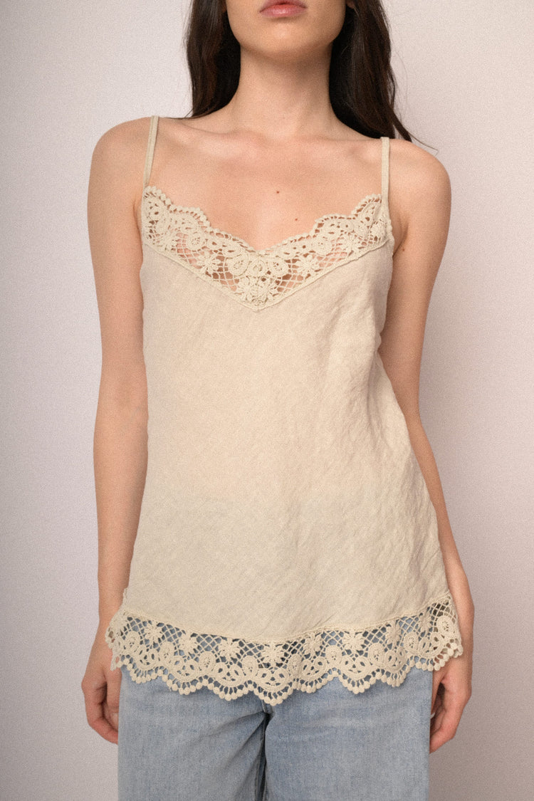 Beige lace-trimmed linen camisole