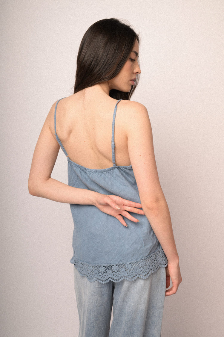 Sky blue lace-trimmed linen camisole