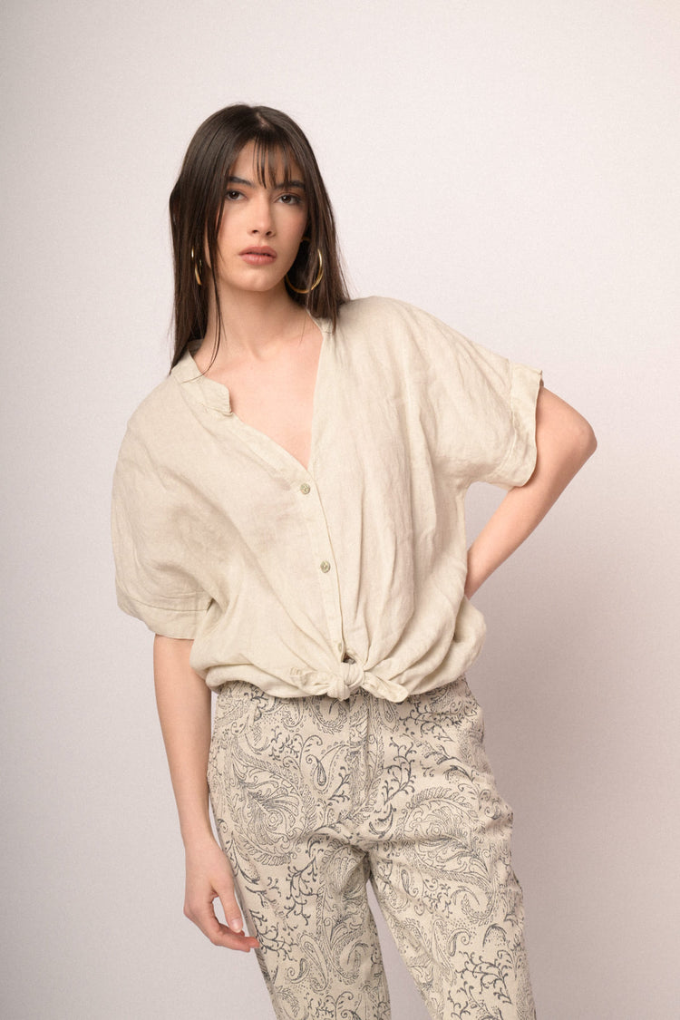 Beige linen knot shirt