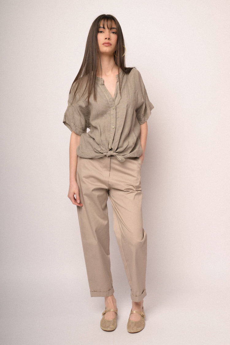 Khaki linen knot shirt