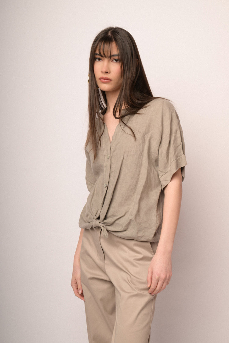 Khaki linen knot shirt