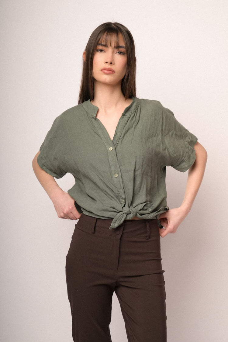 Green linen knot shirt