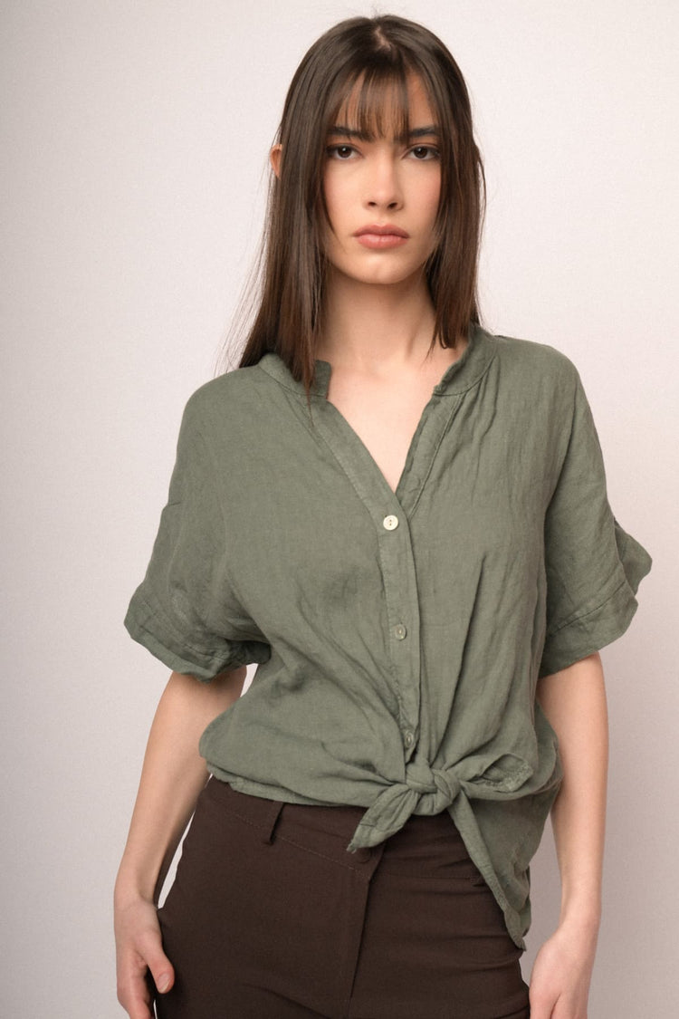 Green linen knot shirt