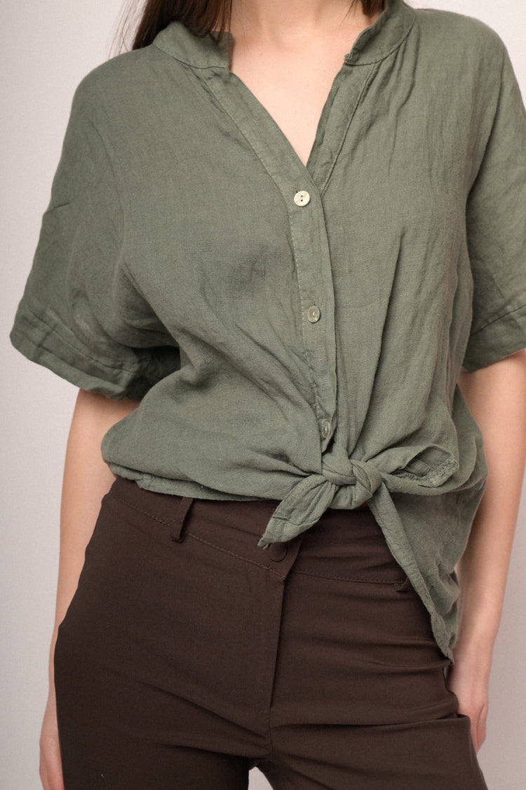 Green linen knot shirt