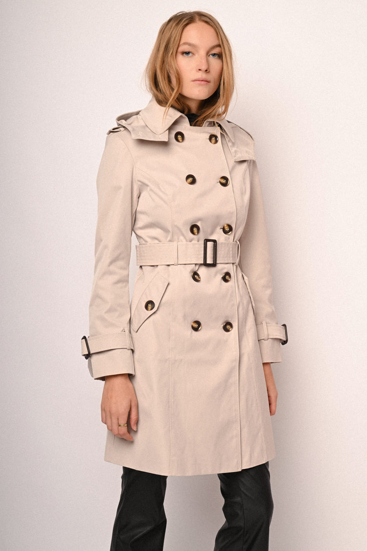 Hooded double-breasted trench coat