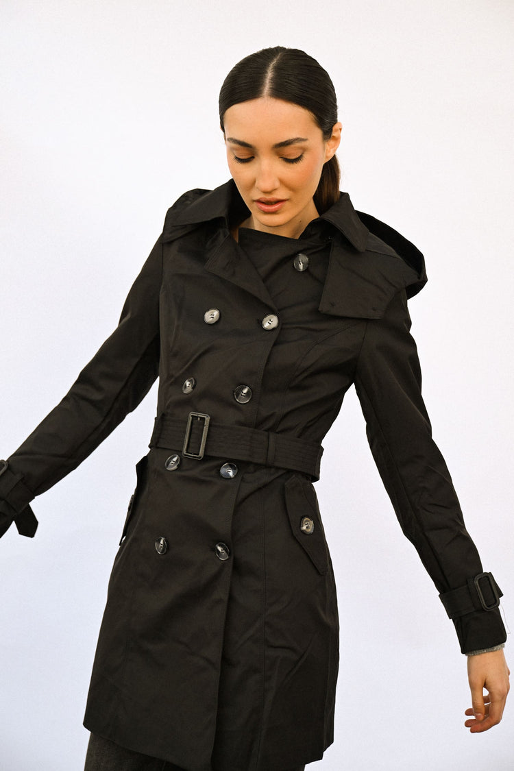 Hooded double-breasted trench coat