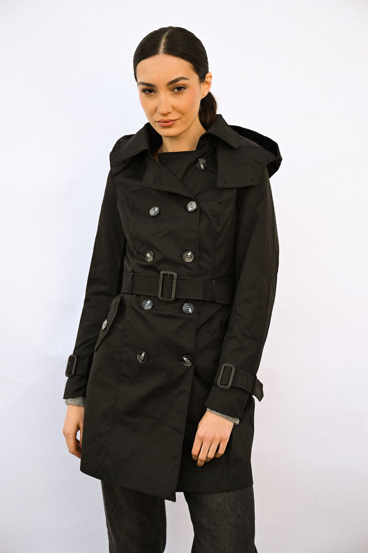 Hooded double-breasted trench coat