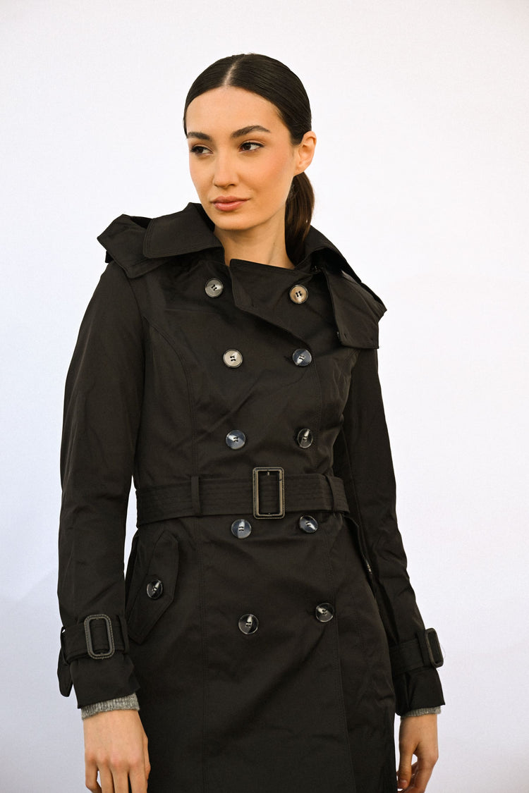 Hooded double-breasted trench coat