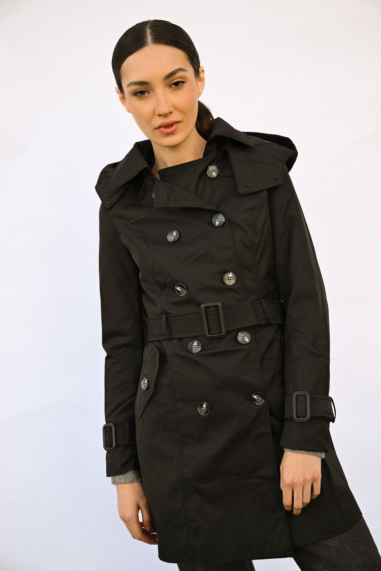 Hooded double-breasted trench coat