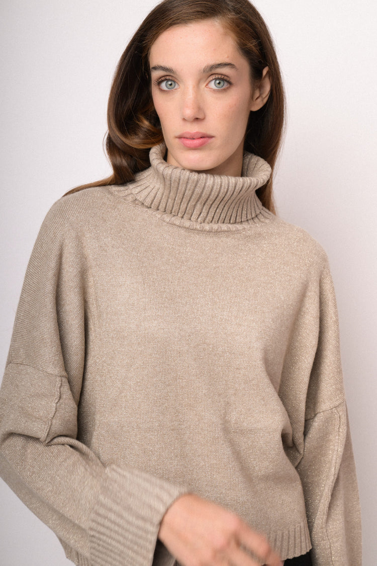 Taupe lurex turtleneck sweater