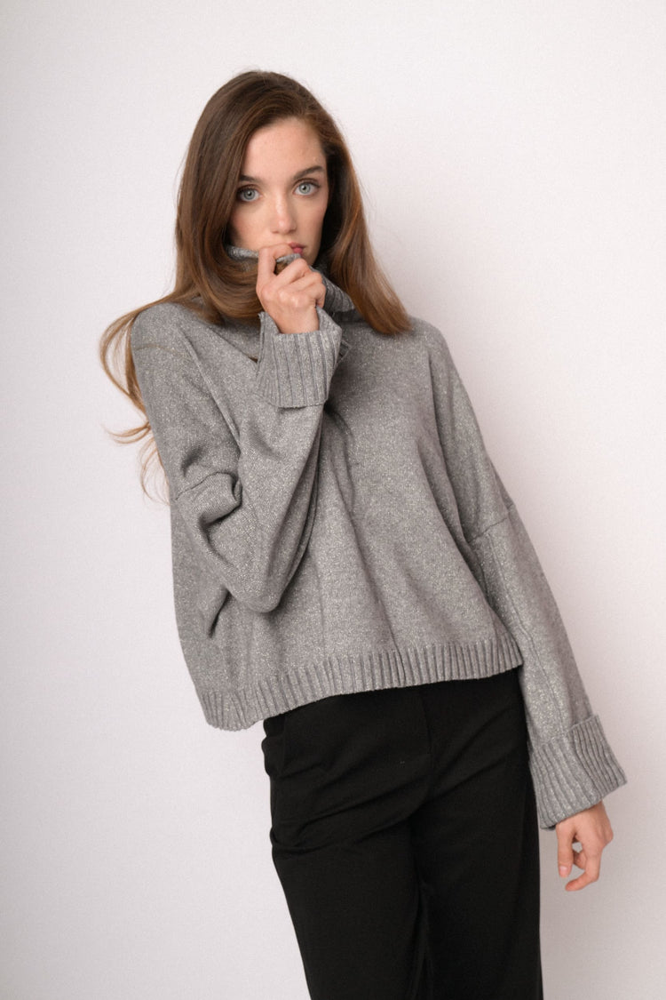 Grey lurex turtleneck sweater