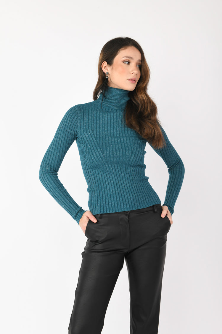 Lurex rib-knit turtleneck