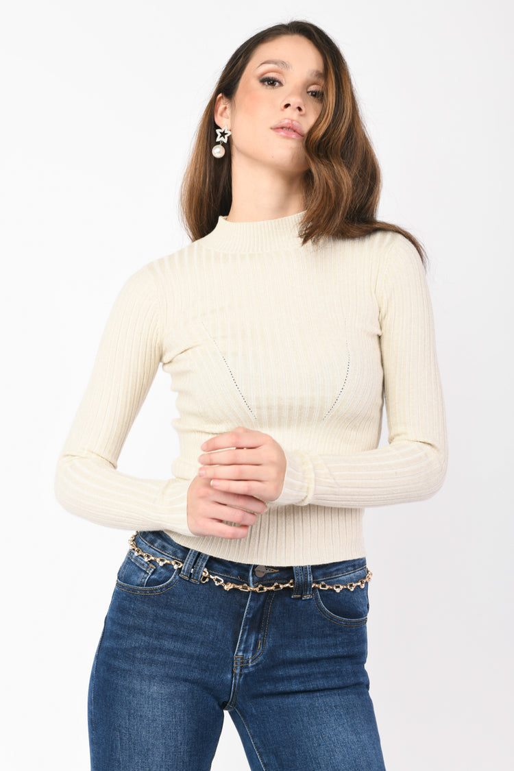 Lurex rib-knit mock sweater