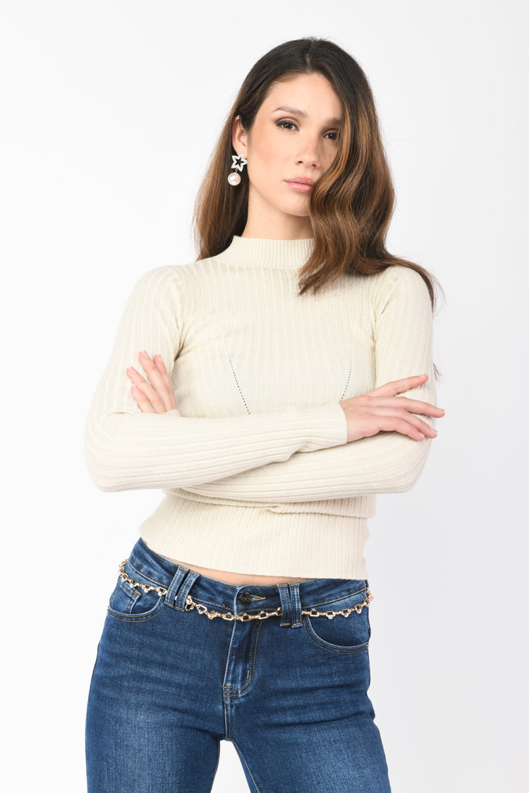 Lurex rib-knit mock sweater