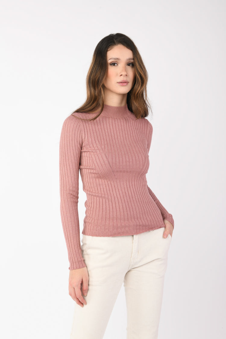 Lurex rib-knit mock sweater