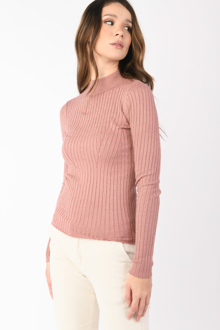 Lurex rib-knit mock sweater