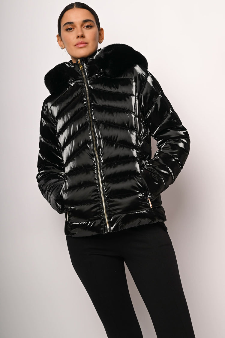 Hooded glossy nylon down jacket