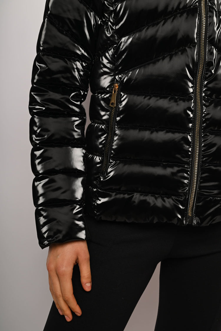 Hooded glossy nylon down jacket