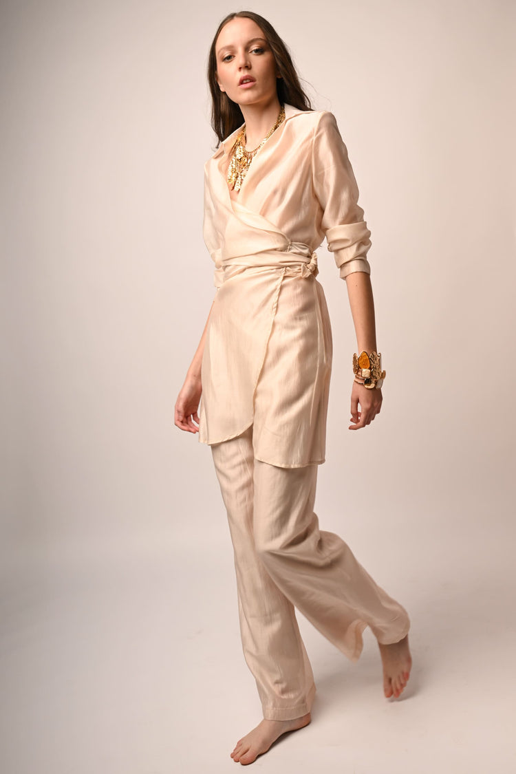 Muslin long wrap blouse