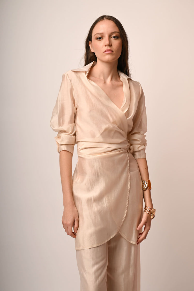 Muslin long wrap blouse