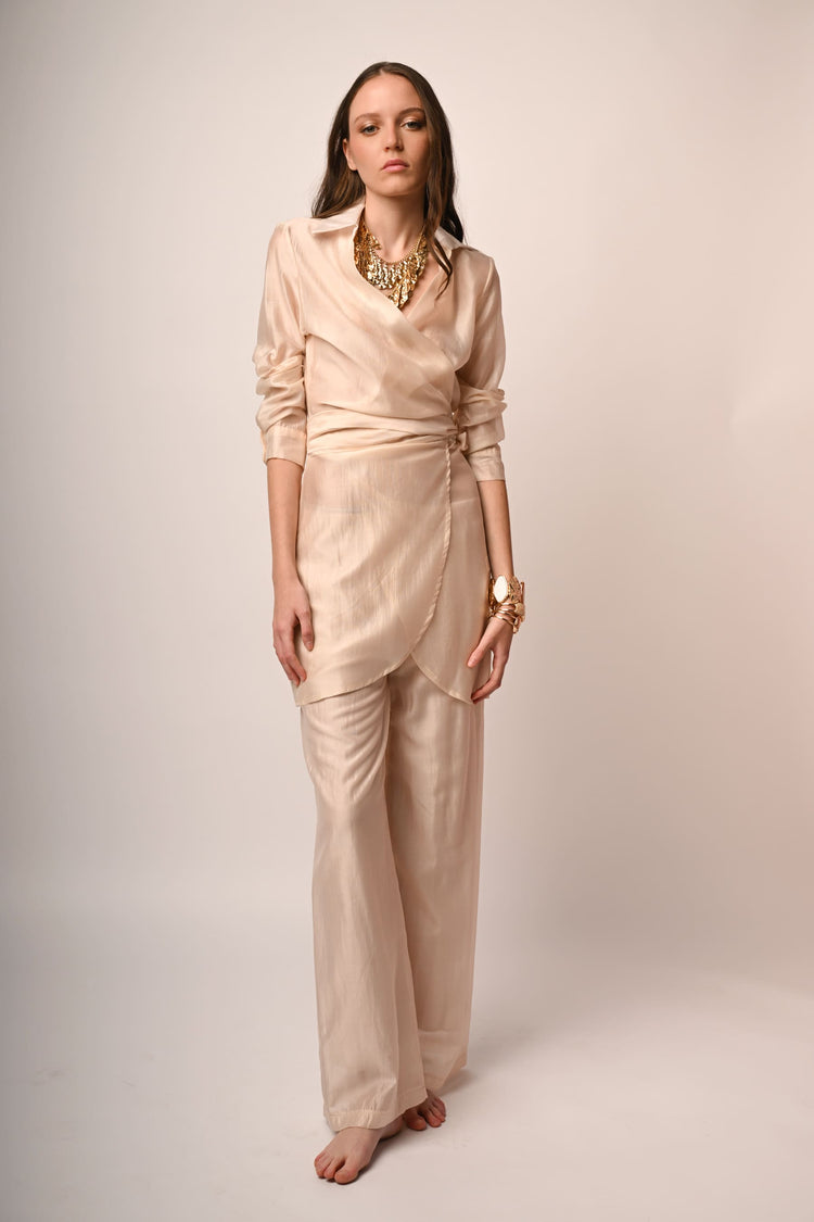 Muslin long wrap blouse
