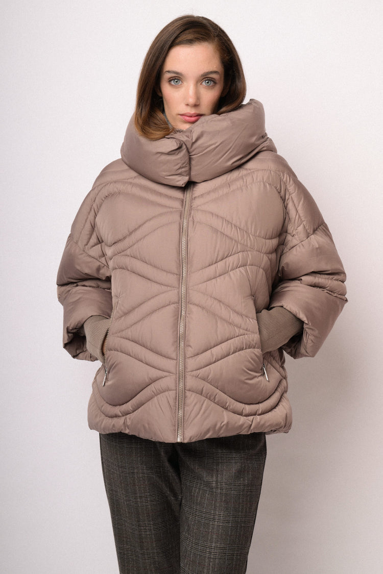 Taupe short puffer jacket with oversized collar