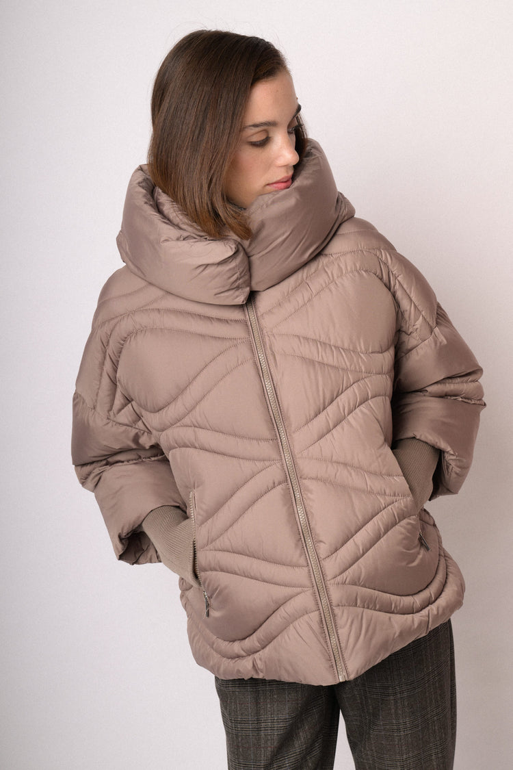 Taupe short puffer jacket with oversized collar