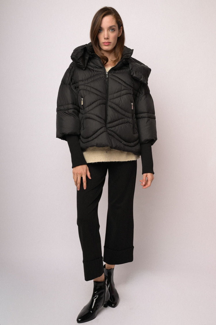 Black short puffer jacket with oversized collar