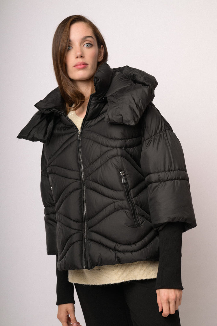 Black short puffer jacket with oversized collar