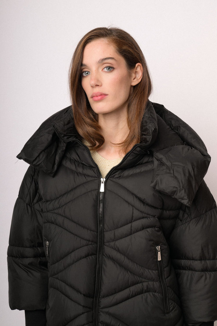 Black short puffer jacket with oversized collar