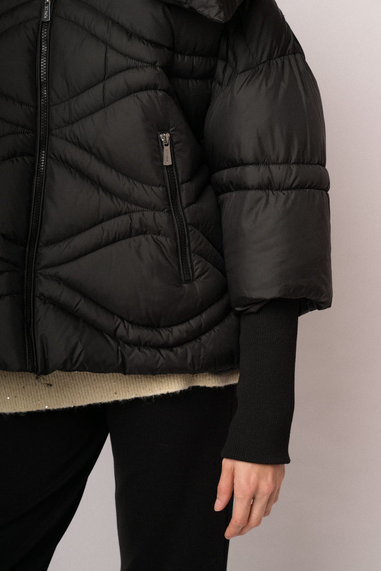 Black short puffer jacket with oversized collar