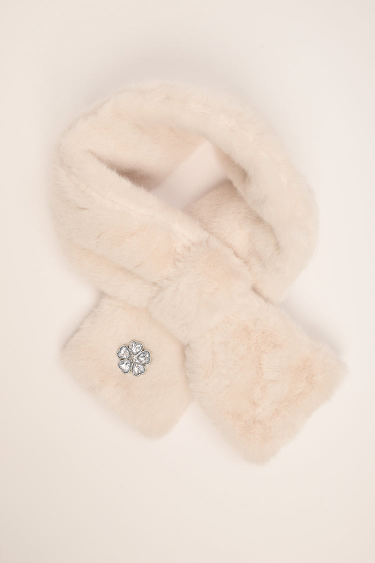 Beige plush neck warmer with jewelled flower