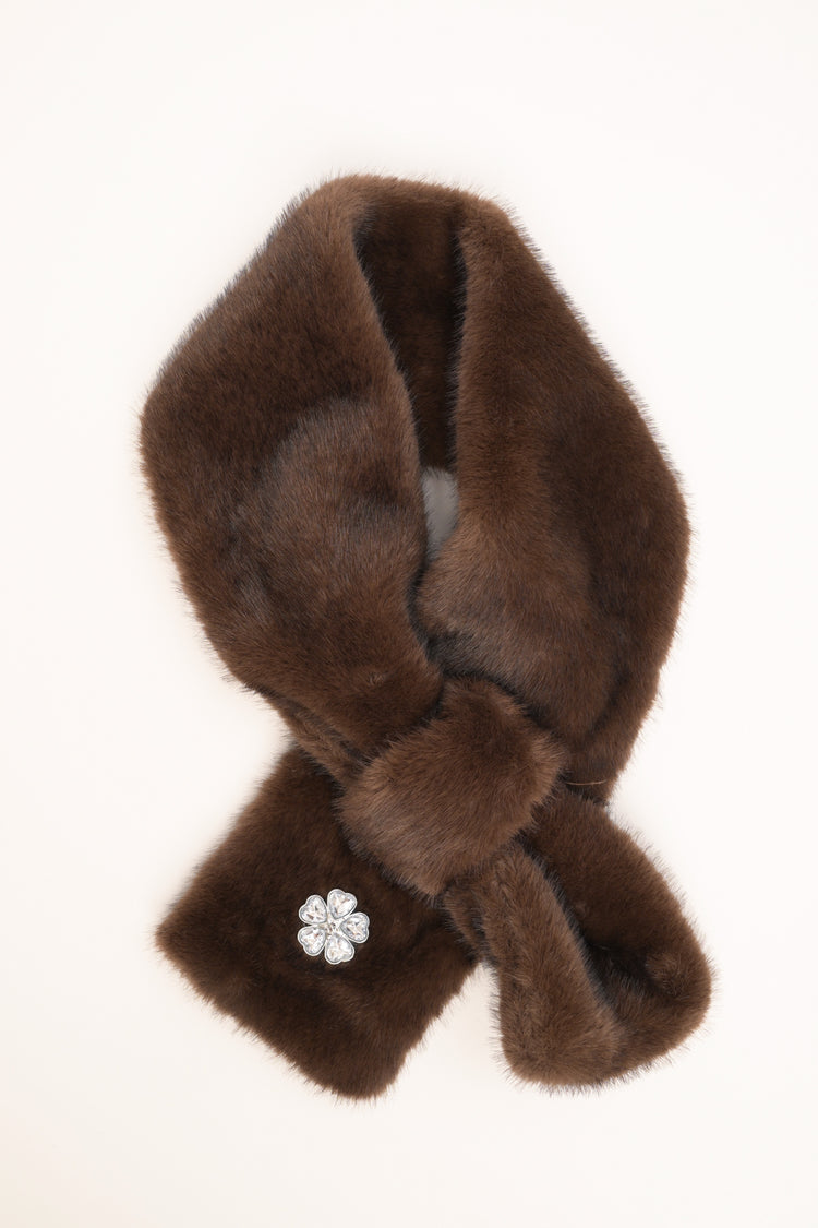 Dark brown plush neck warmer with jewelled flower