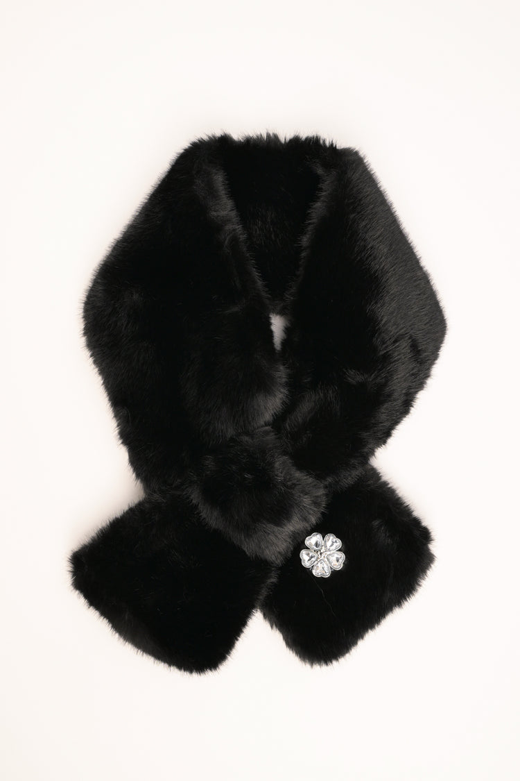 Black plush neck warmer with jewelled flower