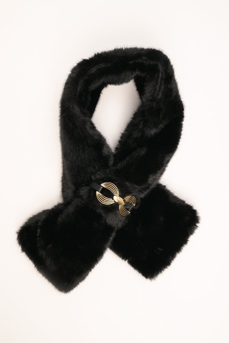 Black plush neck warmer with geometric buckle