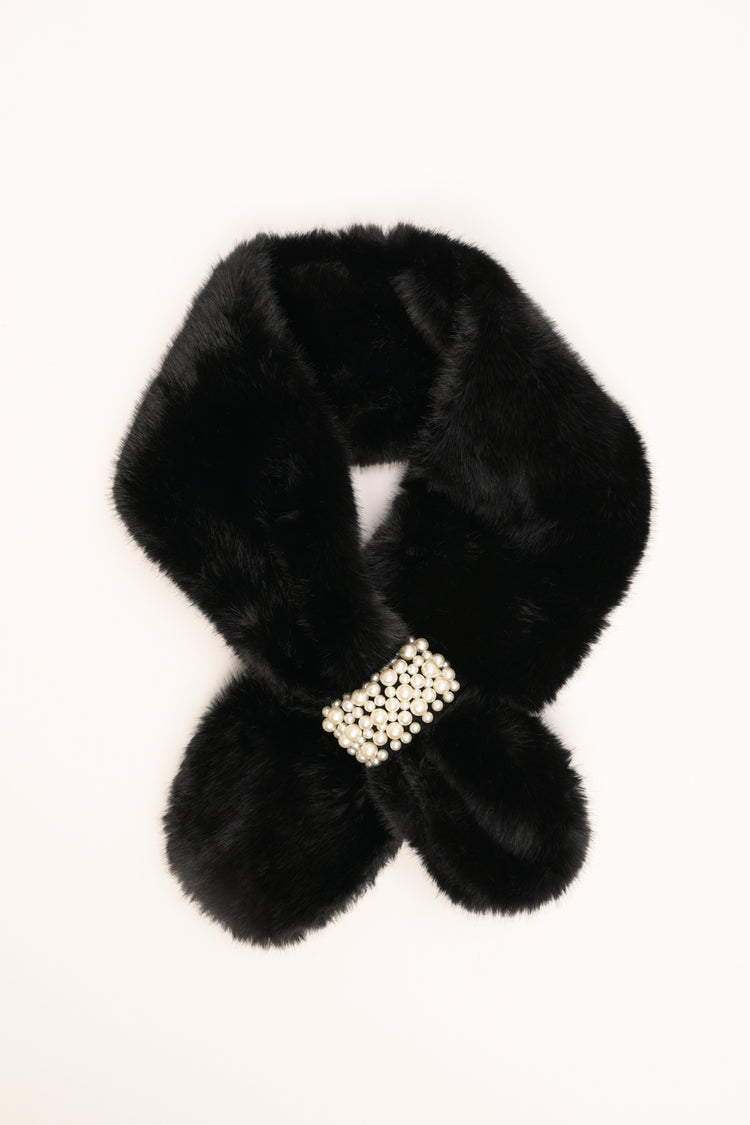 Black plush neck warmer with beaded buckle