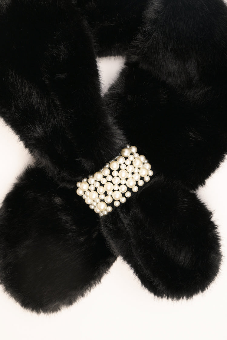 Black plush neck warmer with beaded buckle