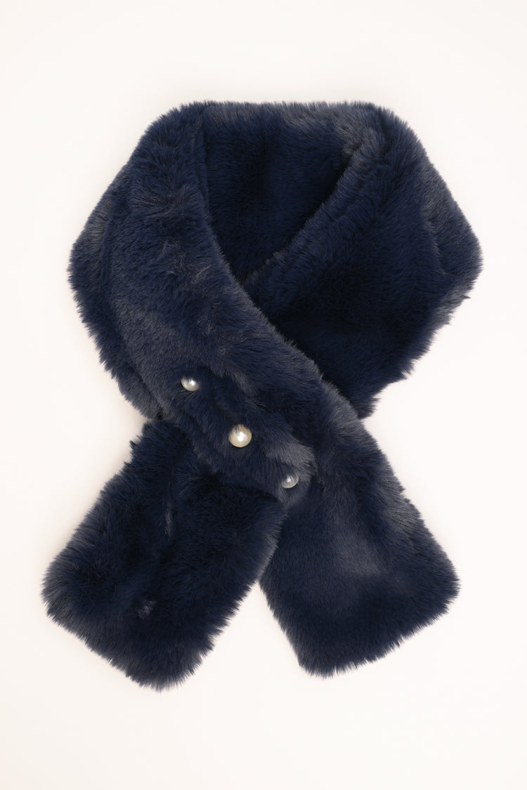 Blue plush neck warmer with three beads